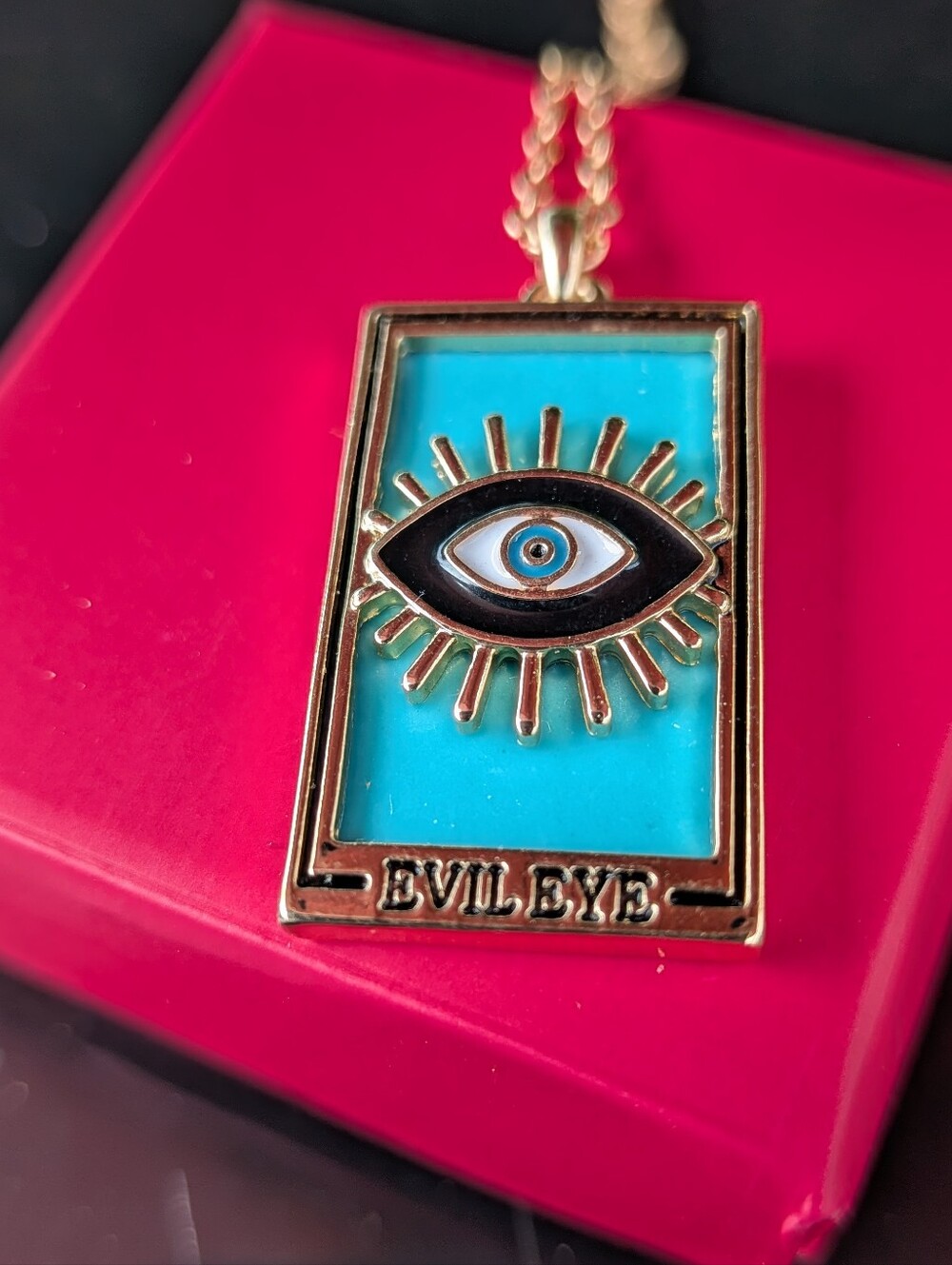 Evil Eye Turquoise Enamel Pendant Necklace - Gold Tone Mystic Tarot New